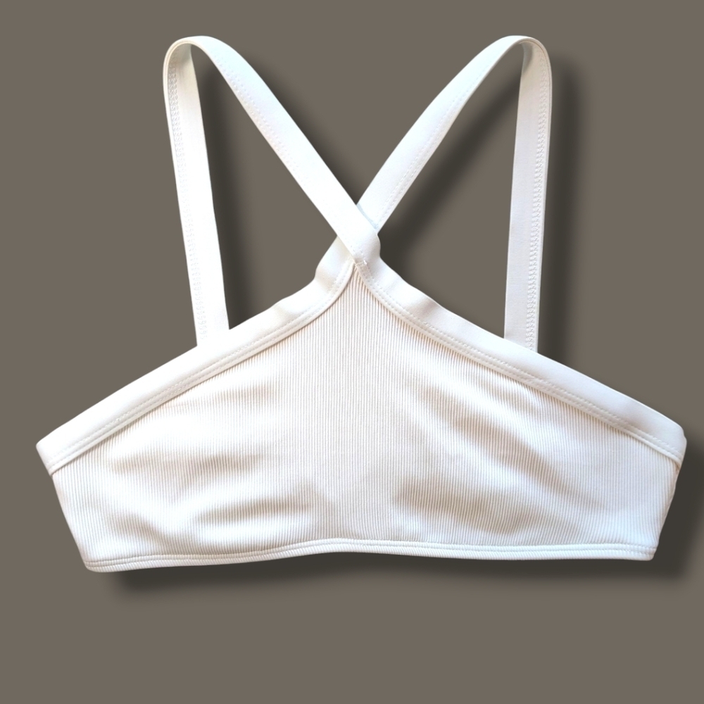 L Space White Ribbed Criss Cross High Neck Serina Bikini Top M